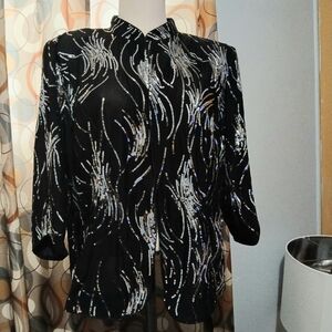 Alex Evenings Black Evening Blazer Jacket with Silver Sequin Waves